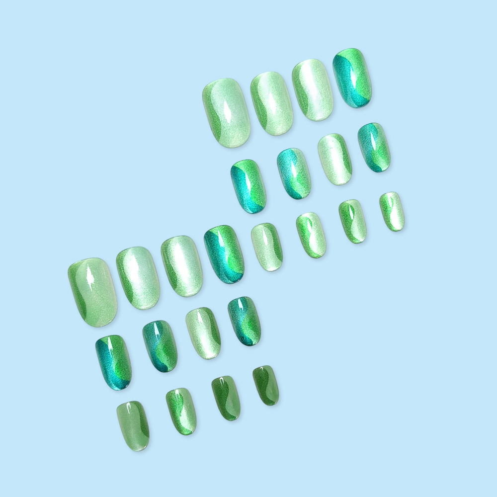 Comercio exterior verde esmeralda teñido brillante ojo de gato usar uñas de alta sensibilidad blanca uñas falsas 24 piezas de uñas de cabeza redonda corta
