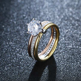 欧美莫桑钻戒个性三环圈六爪镶嵌2克拉钻镀18k金戒指女款义乌饰品