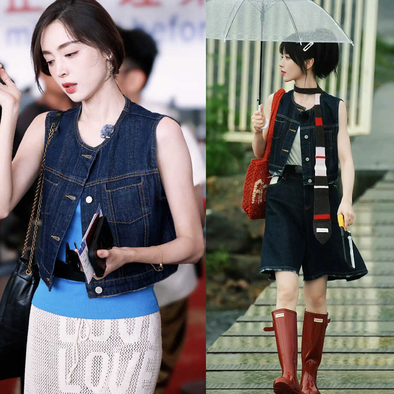 2024 New Summer Niche Ss Nazatian Xiewei Same Style Pure Color Micro-Elastic Women's Round Neck Denim Vest