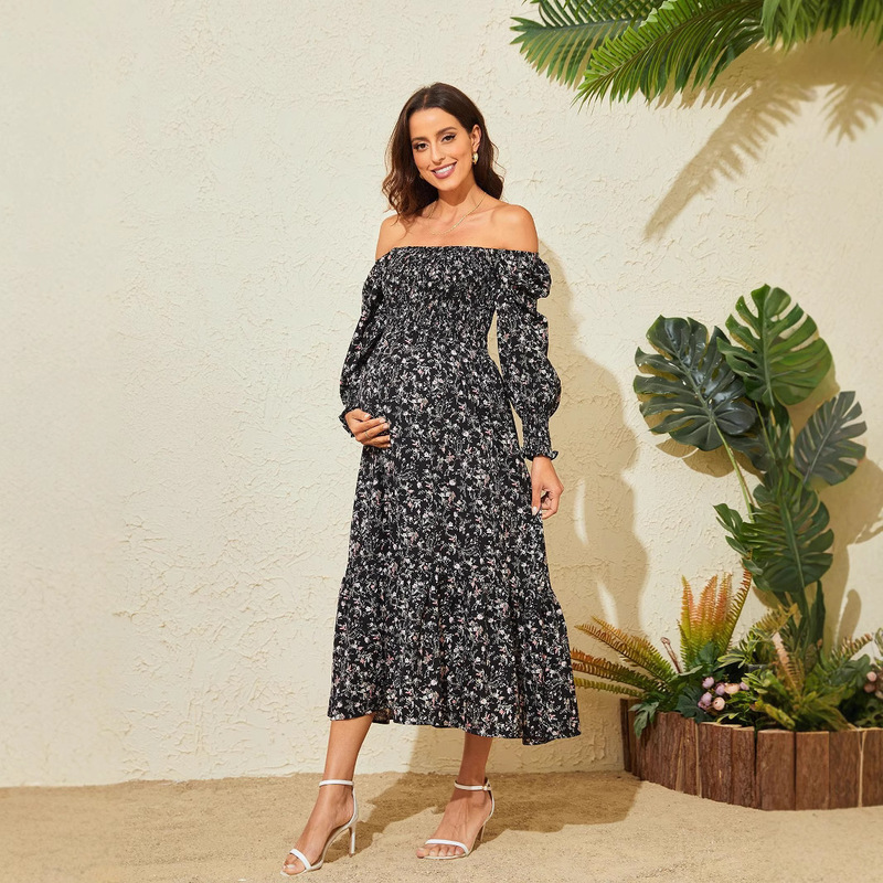 2026 Spring/Summer New Off-Shoulder Chiffon Floral Long Sleeve Ruched Maternity Dress Bohemian Vacation Style Dress