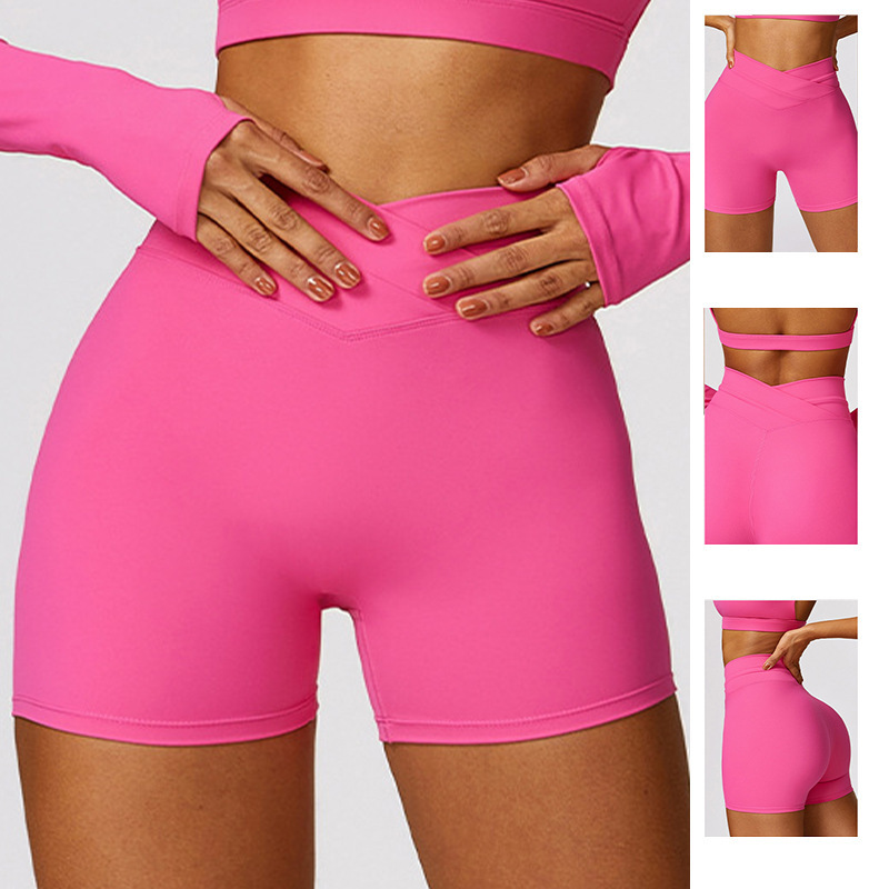 European and American New Style Women's Butt-Lifting Seamless Fitness Shorts with No Awkward Lines, High-Waisted Sports Cross-Over Yoga Shorts