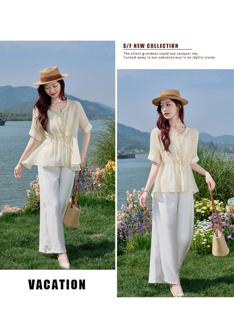 Bộ đồ mùa hè nữ Tencel cao cấp áo hai dây quần ống rộng ba món SY2697 — Bộ màu như hình chi tiết 17