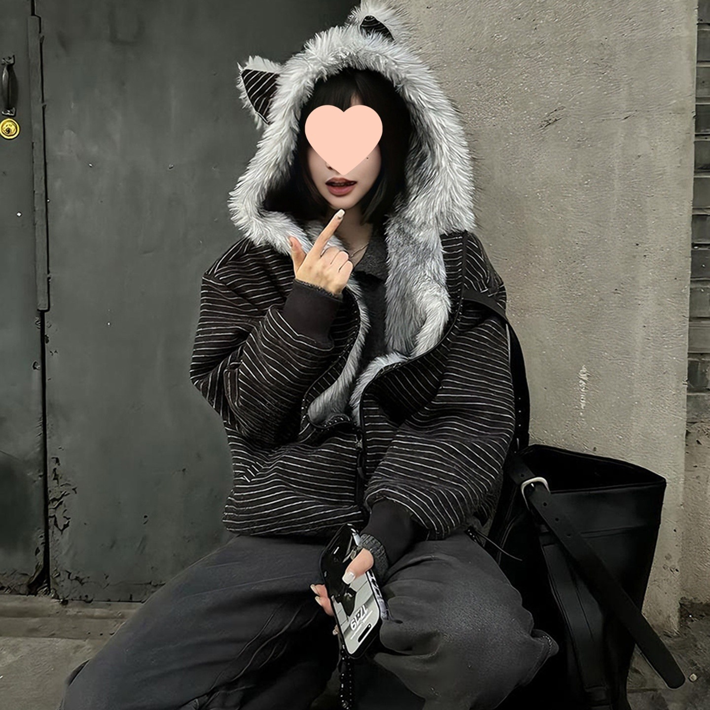 猫耳条纹毛领棉服男秋冬中性风miu系穿搭座山雕外套加绒保暖棉衣