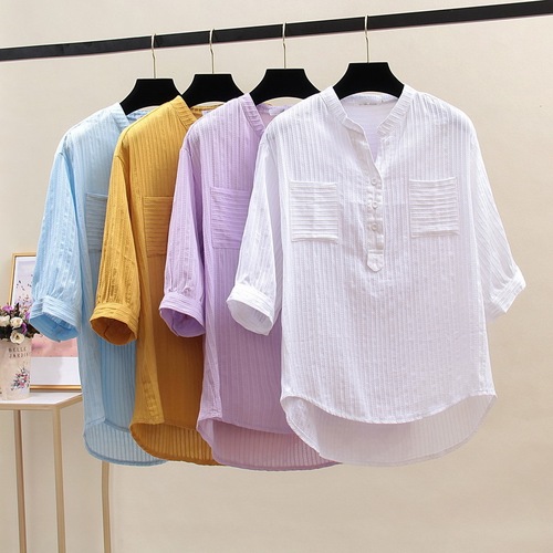 Women's Long-Sleeve Pure Cotton White Shirt with Loose Casual Design V-Neck Blouse for Outerwear