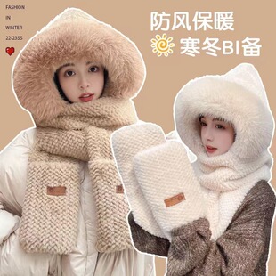 Winter hat scarf gloves all-in-one three-piece cartoon bear plush hooded thick warm all-match scarf women