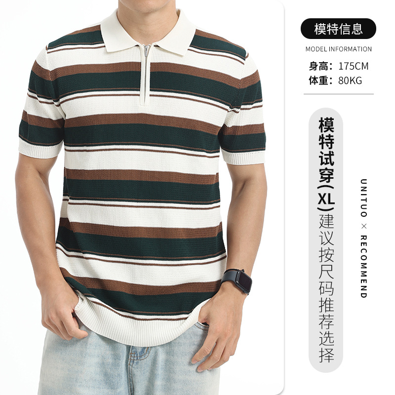 Cross-border 2026 verano hombre rayas hielo tejedido polo medio cremallera solapa camiseta de negocios de manga corta camiseta casual