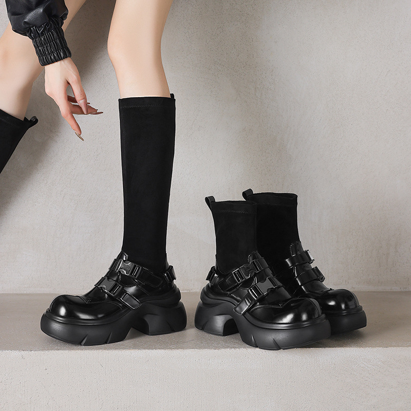 Boot ngắn nữ đế dày phong cách Anh khóa thắt lưng, form ôm chân co giãn — Lớp lót đơn ống dài màu đen, Lớp lót đơn ống ngắn màu đen, Lớp lót nhung dài màu đen, Lớp lót nhung ngắn màu đen