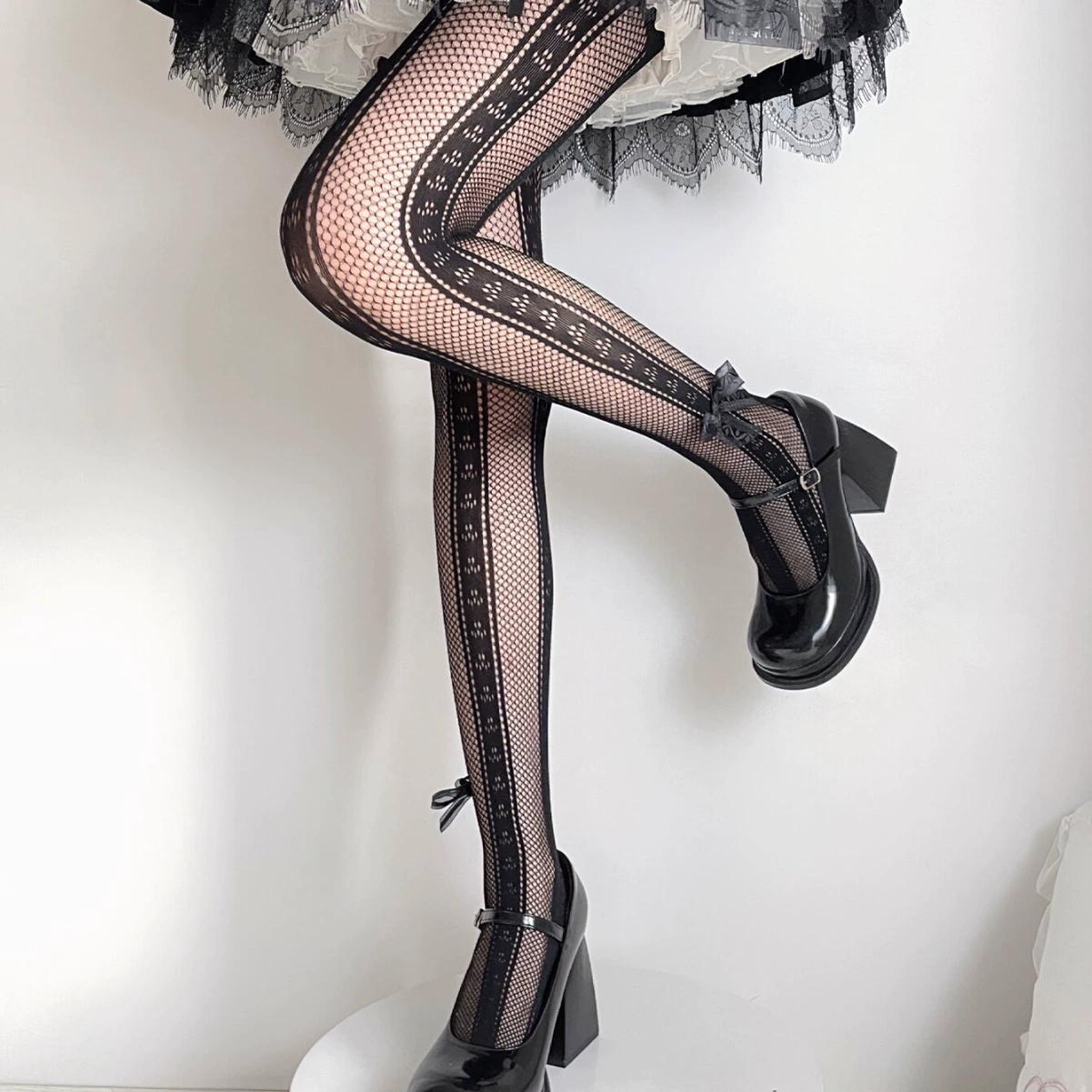 Сетчатые колготки, lolita стиль, чёрные с бантом, летние тонкие, one size