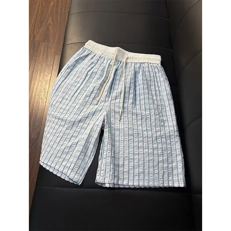 Men's Thin Seersucker Ice Silk Plaid Quick Drying Beach Shorts Summer Athletic Capri Pants_viptrois.com