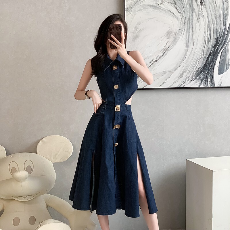 Hong Kong-style sleeveless denim dress cross-border women's summer new hollow backless high waist fishtail dress Hong Kong-style sleeveless denim dress cross-border women's summer new hollow backless high waist fishtail dress