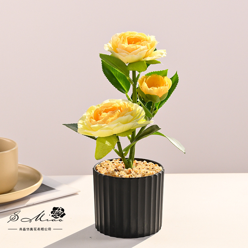 Bonsai pequeño de camelia de tres cabezas transfronterizo, flores de simulación creativa, decoración de estudio fotográfico para el hogar, plantas verdes artificiales, plantas en macetas de simulación image 1