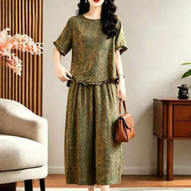 时尚妈妈宽松香云纱上衣大码套装女夏季新款洋气阔腿裤两件套