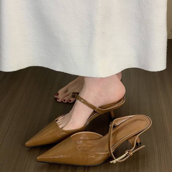 French Style Black High Heels Baotou Half Slippers Women's Shoes Outer Wear 2025 New Style Elegant Socialite Half Shoes