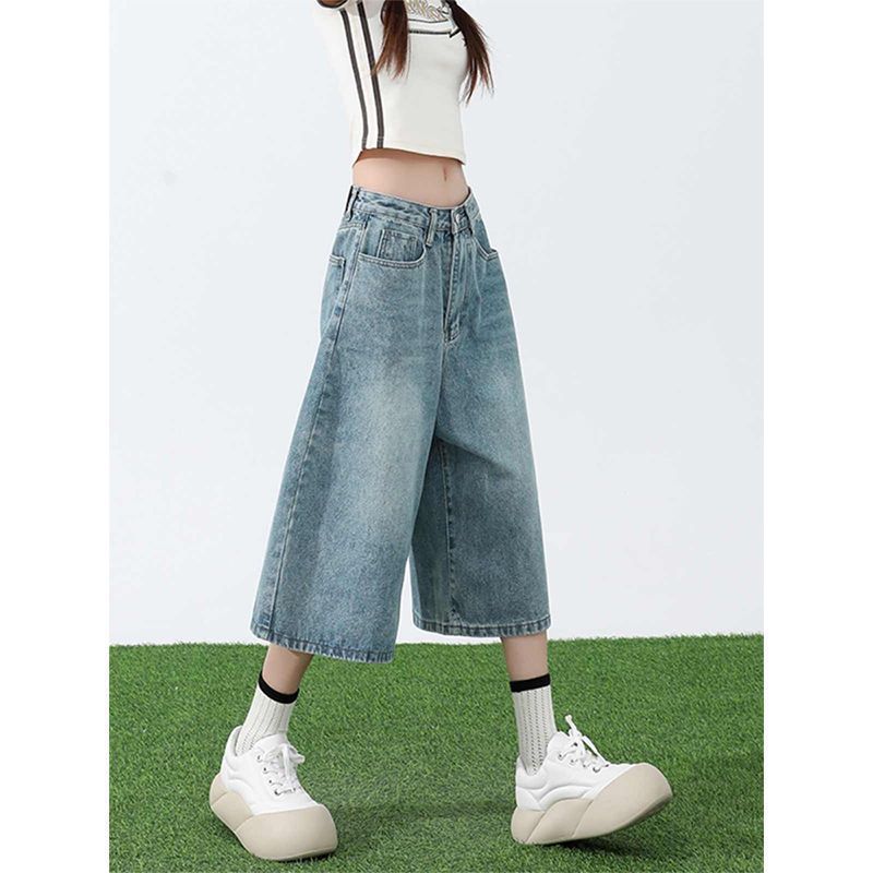 复古蓝阔腿牛仔七分裤女夏季新款时尚高腰宽松显瘦七分直筒牛仔裤|undefined