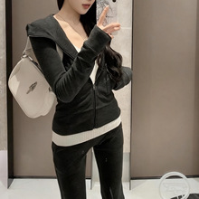 2025新款春秋穿搭休闲运动套装女修身收腰连帽卫衣微喇裤子