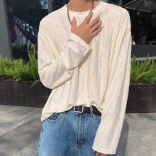 春季圆领长袖t恤男韩版港风休闲百搭潮流ins套头个性破洞体恤上衣