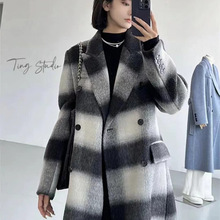 新款双面羊绒大衣格子西装外套女韩版长款加厚25年秋冬气质高雅女
