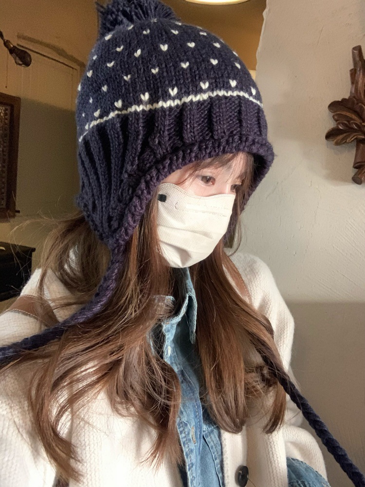 フェア島風毛糸帽子女子秋冬レトロ百合大頭囲保温ニット帽子顔小耳保護帽子