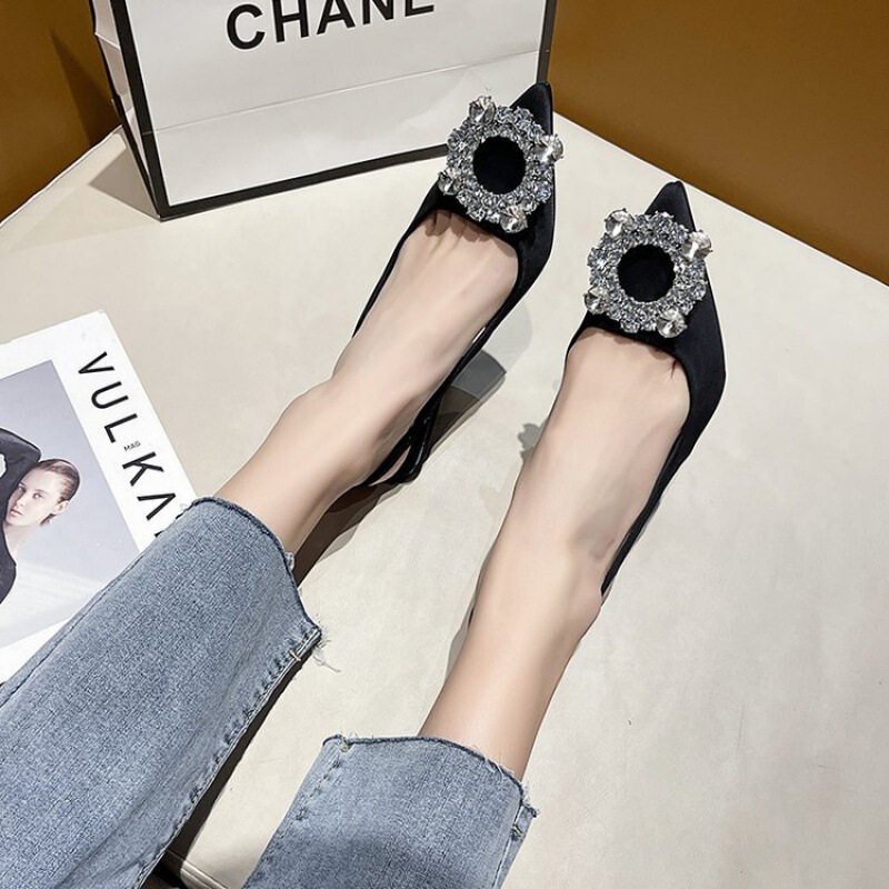 Black pointed high heel single-layer shoes rhinestone closed toe sandals women's 2024 Summer new stiletto heel with skirt high heels