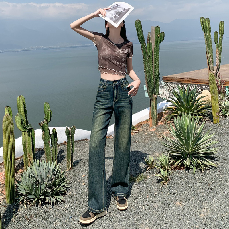 Narrow Wide-Leg Jeans for Women, High-Waisted, Slimming, Straight-Leg, Floor-Length Pants, Ykk Clothesline Pad, One-Piece Wholesale