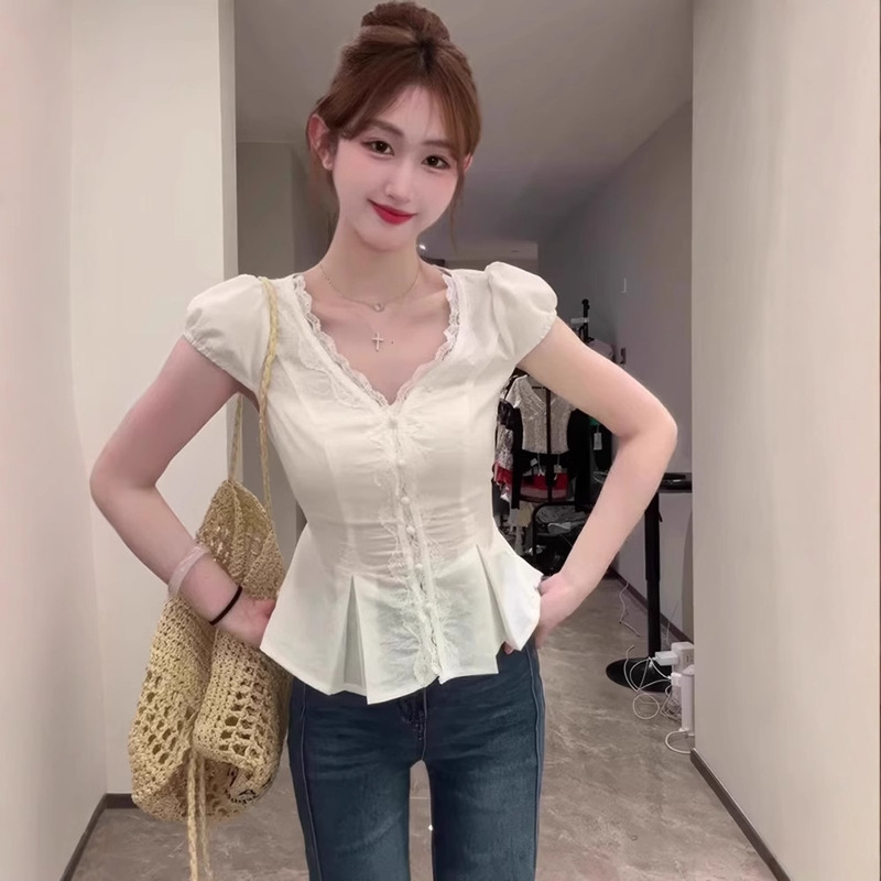 French Lace V Neck Short-Sleeved White Shirt Women's Summer Korean Chic Shirt Slimming Look Top