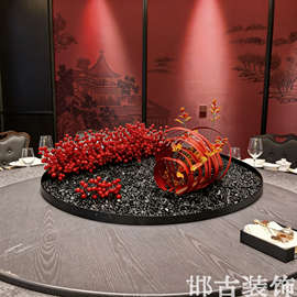 酒店餐桌中间摆花仿真花红色圆桌转盘景观装饰摆件现代轻奢桌花
