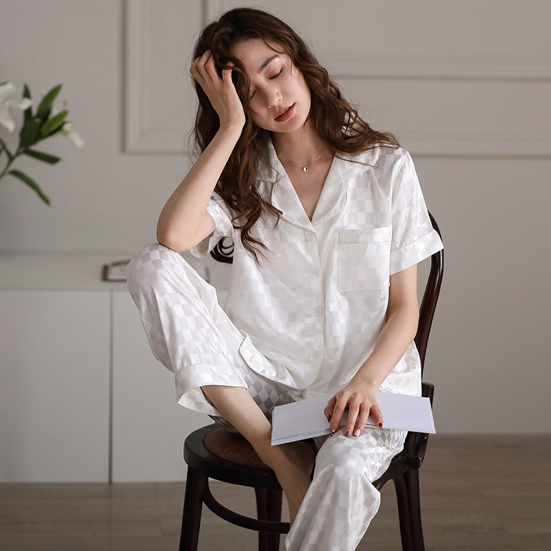 Pajamas Women's Summer Silk Ice Silk Thin Short-sleeved Trousers Home Clothes Summer Silk-like Plaid White Suit