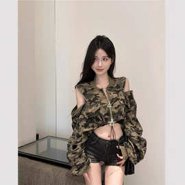 美式复古甜酷设计感迷彩服小外套女秋季辣妹短款工装夹克别致上衣