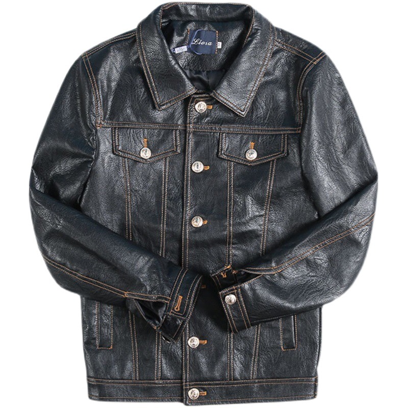 Capa de cuero transfronterizo de los hombres de otoño e invierno ruffle guapo chaqueta de motocicleta estilo occidental versión pequeña Slim breasted PU ropa de cuero para hombres