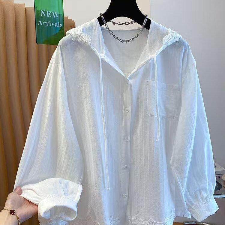 White Lace Sun-Protective Hooded Shirt for Women, Long-Sleeve 2026 New Style, Loose Casual Fashion Hoodie Top White Lace Sun-Protective Hooded Shirt for Women, Long-Sleeve 2026 New Style, Loose Casual Fashion Hoodie Top