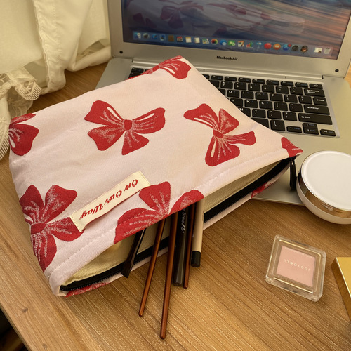 Calla Lily Retro Contrast Color Cosmetic Bag Concave-Convex Texture Double-layer Jacquard Liner Bag Large Capacity Canvas Storage Bag for Women