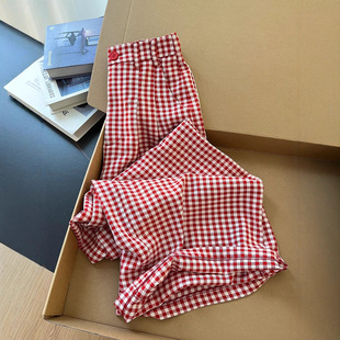 Vintage White and Red Plaid Wide-Leg Pants for Women 2025 New Design Niche Pleated Casual Long Pants