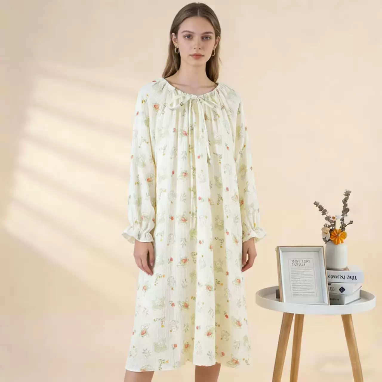 女士春秋新款纯棉纱睡裙小清新圆领宽松大码可外穿睡衣厂家批发