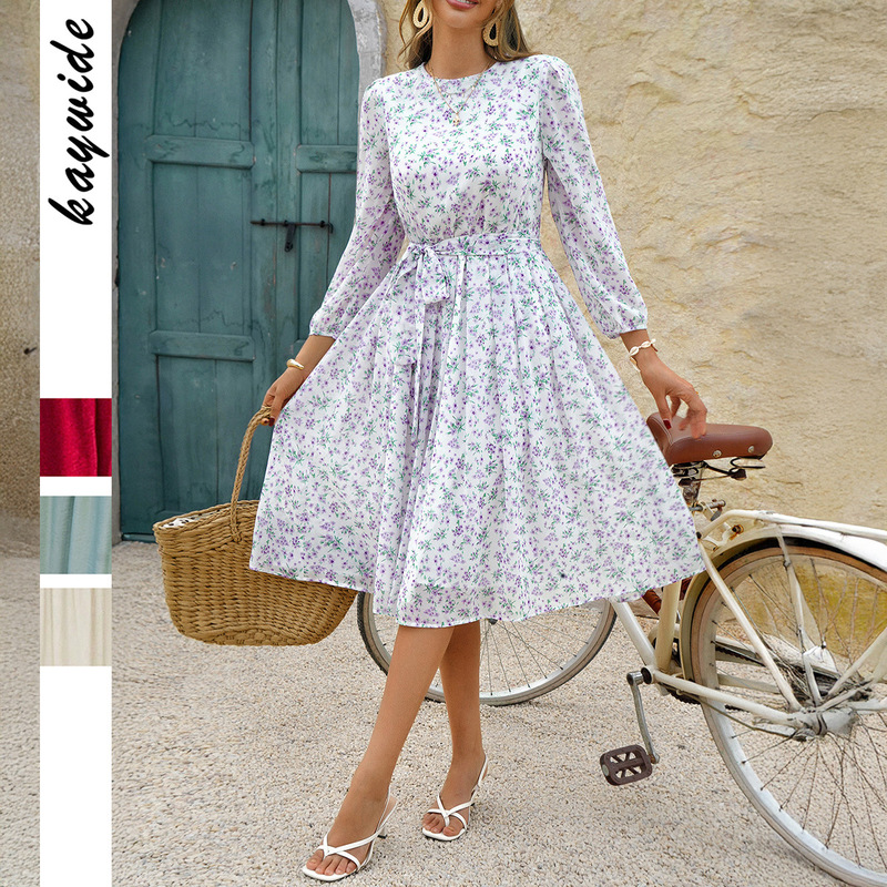 Di Yun Cross-Border European and American Vacation Casual Style Floral Tie-Waist Dress for Women 2026 Spring/Summer Amazon Foreign Trade