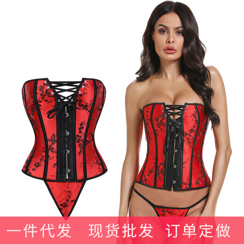 紅色搭扣宮廷塑身上衣束身美體骨衣性感美體衣外貿壹件代發現貨