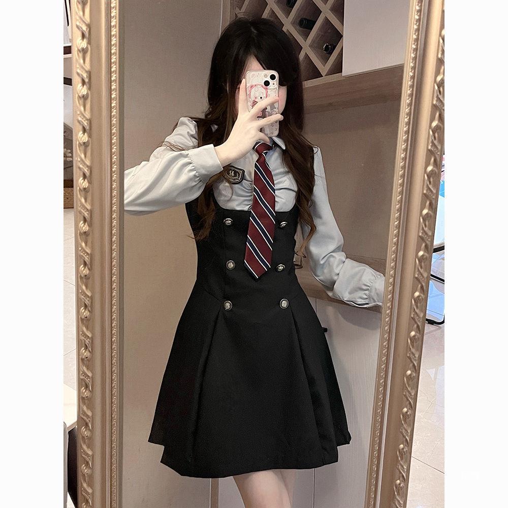 RUODIE COLLEGE 스타일 원피스 유니폼 가을 및 겨울 미국 세트 장난스럽고 활기찬 캠퍼스 원피스 왕실 자매 스트랩 원피스 하이