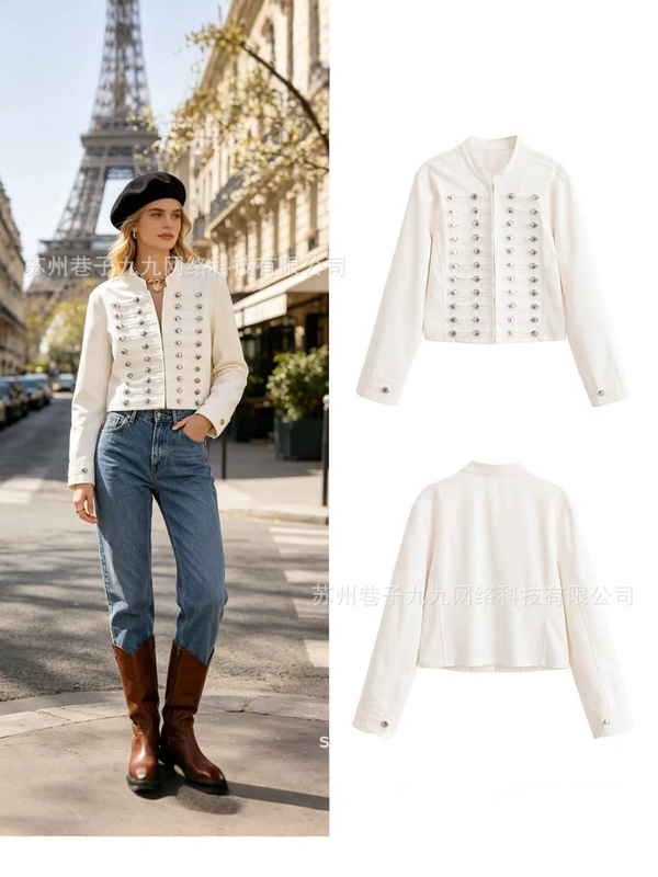 Export order! New cross-border European and American style women's fashion, elegant vintage button-decorated fitted denim jacket