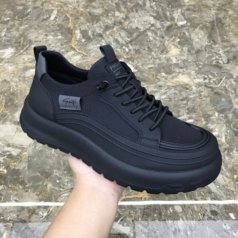 Breathable Mesh Casual Sports Shoes for Men, Lace-Up Thick-Soled Shoes, Black Stylish Trendy Style, Spring and Summer 2026