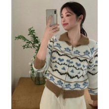 厂家直销秋冬季INS韩国东大门设计感复古提花拉链毛衣开衫外套女