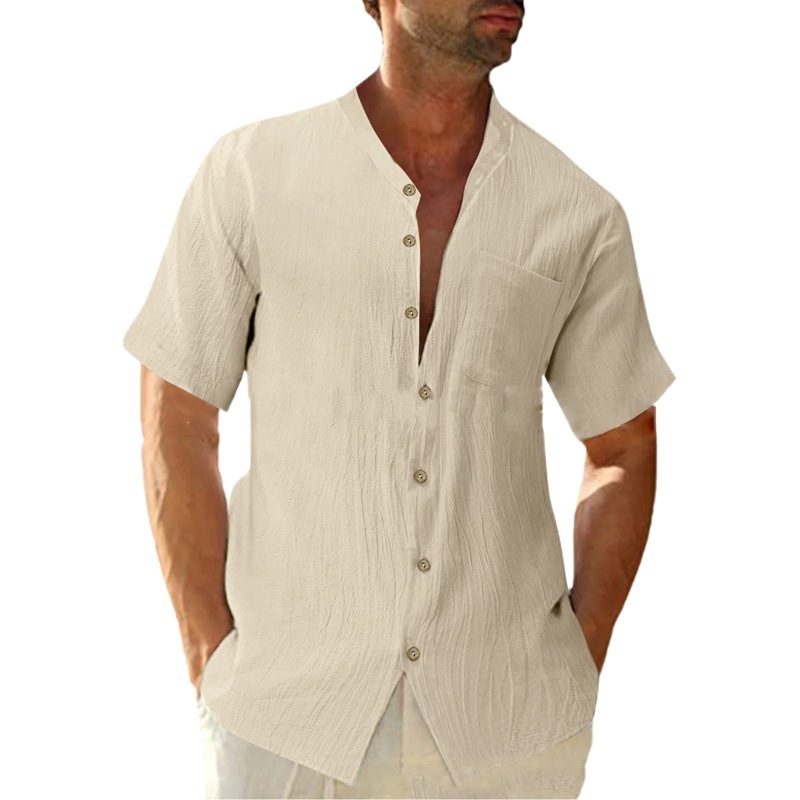 2022 Amazon deseo AliExpress hombres europeos y americanos de lino flojo cardigan color sólido casual stand collar camisa manga corta