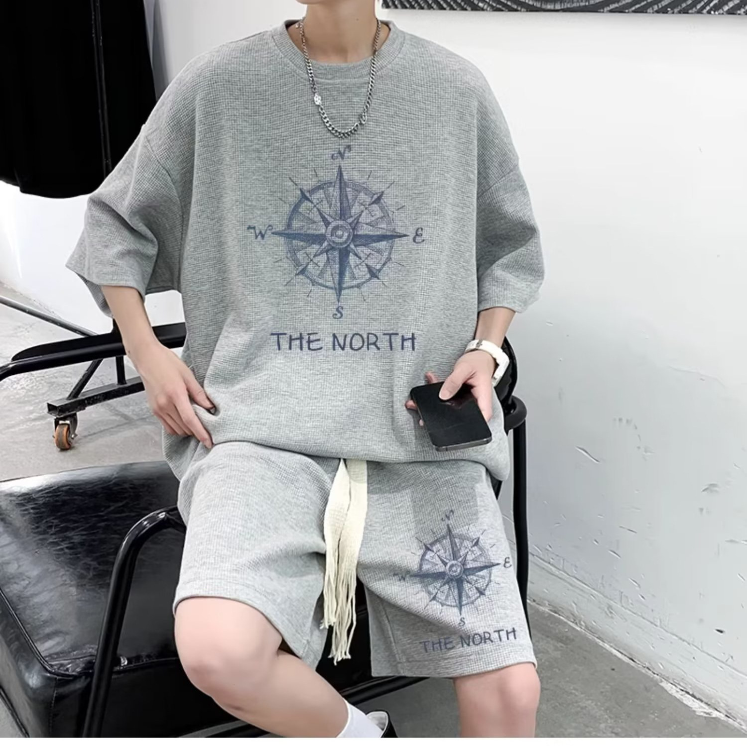 Verano waffle deportes traje casual hombres sueltos más tamaño de manga corta Camiseta pantalones cortos conjunto guapo moda a juego