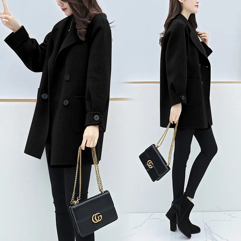 Abrigo de lana moderno y versátil para mujeres pequeñas, nuevo estilo de otoño e invierno 2024, talla grande, corte holgado, adelgazante, largo medio.