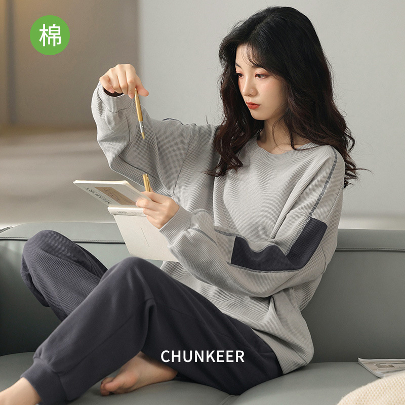Pure Cotton Waffle Pajamas for Women, Pullover Casual Long-Sleeved Suits That Can Be Worn Outside, Home Clothes, All-Cotton Spring and Autumn Suits
