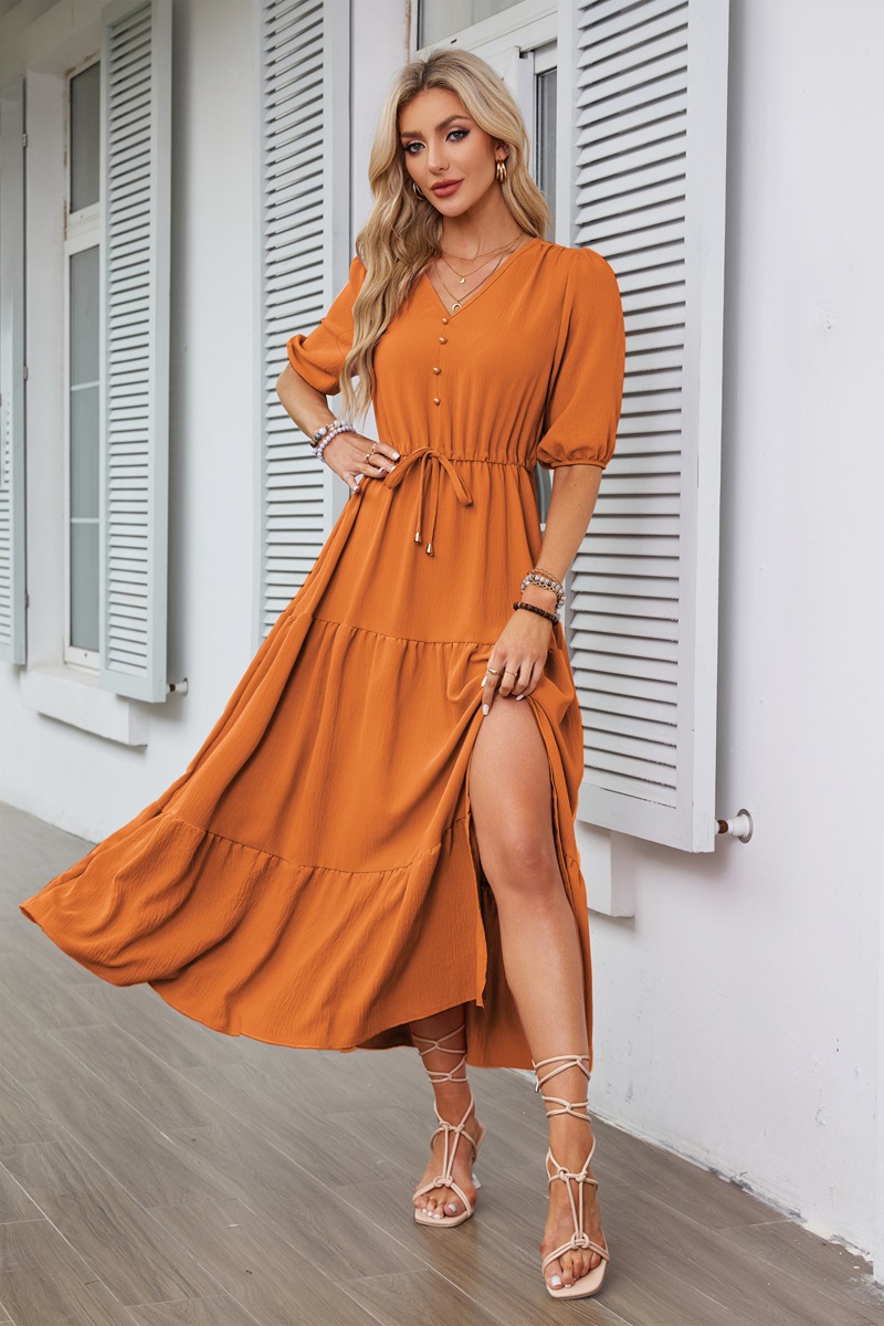 Women's Regular Dress Simple Style V Neck Button Short Sleeve Solid Color Maxi Long Dress Daily display picture 4