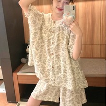 韩国ins女士夏季韩系甜美花边圆领屿花短袖短裤家居服睡衣套装女