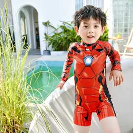 儿童泳衣 男童帅气卡通钢铁侠中小童男宝宝防晒长袖连体儿童泳装