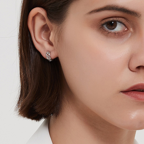  New Trend Earrings Pure Silver Hoop Earrings for Women Korean Style Elegant Small Hollow Grid Hoop Stud Earrings