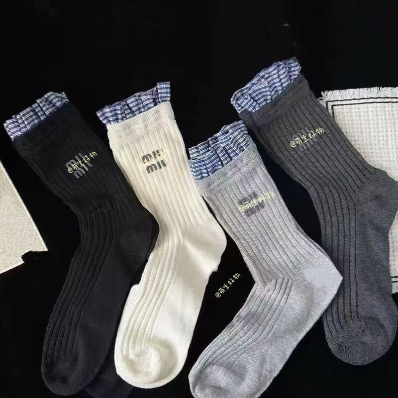 Thin Plaid Lace Letter Preppy Style Mid-Calf Socks for Women Early Spring Blue Plaid Versatile New Trendy Socks Korean Style Splicing