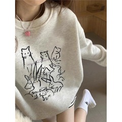 白灰色圆领无帽卫衣女款2025新款秋冬季卡通猫咪长袖加绒上衣外套