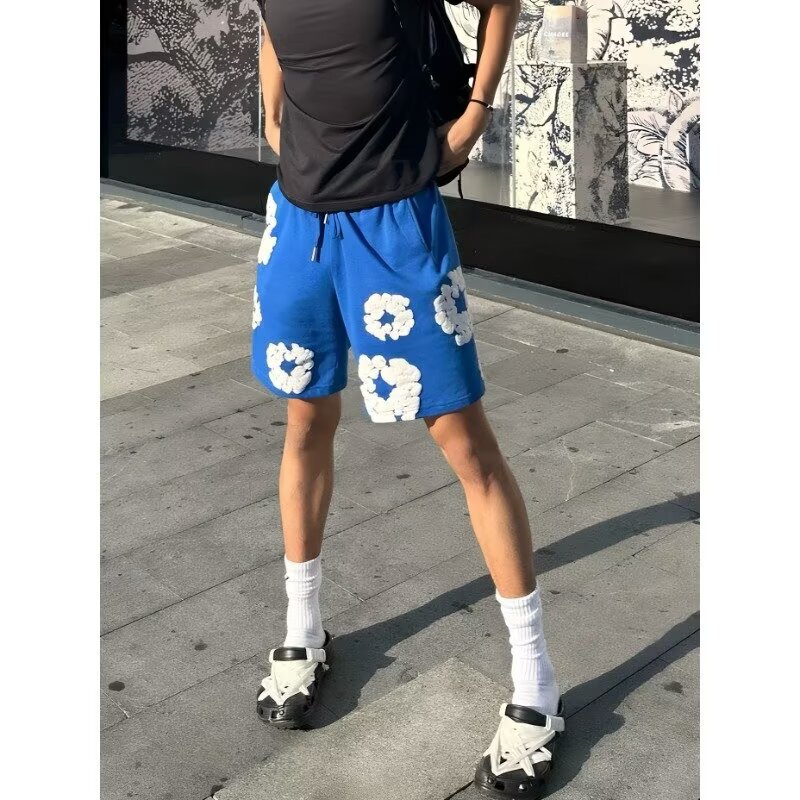 American-style trendy brand cotton blossom foam print casual shorts for men, summer sports basketball pants, suitable for outdoor wear, quarter-length shorts American-style trendy brand cotton blossom foam print casual shorts for men, summer sports basketball pants, suitable for outdoor wear, quarter-length shorts